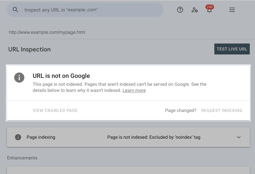 Inspeção de URL: o status no topo e, abaixo, a indexação da página.