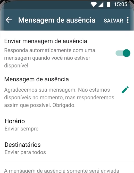 Tela oficial: o botão para ativar a mensagem de ausência.
